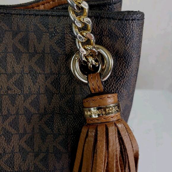 Michael Kors Jet Set Tassel Chain Tote MK Signature Brown Leather Shoulder Bag - Picture 6 of 16